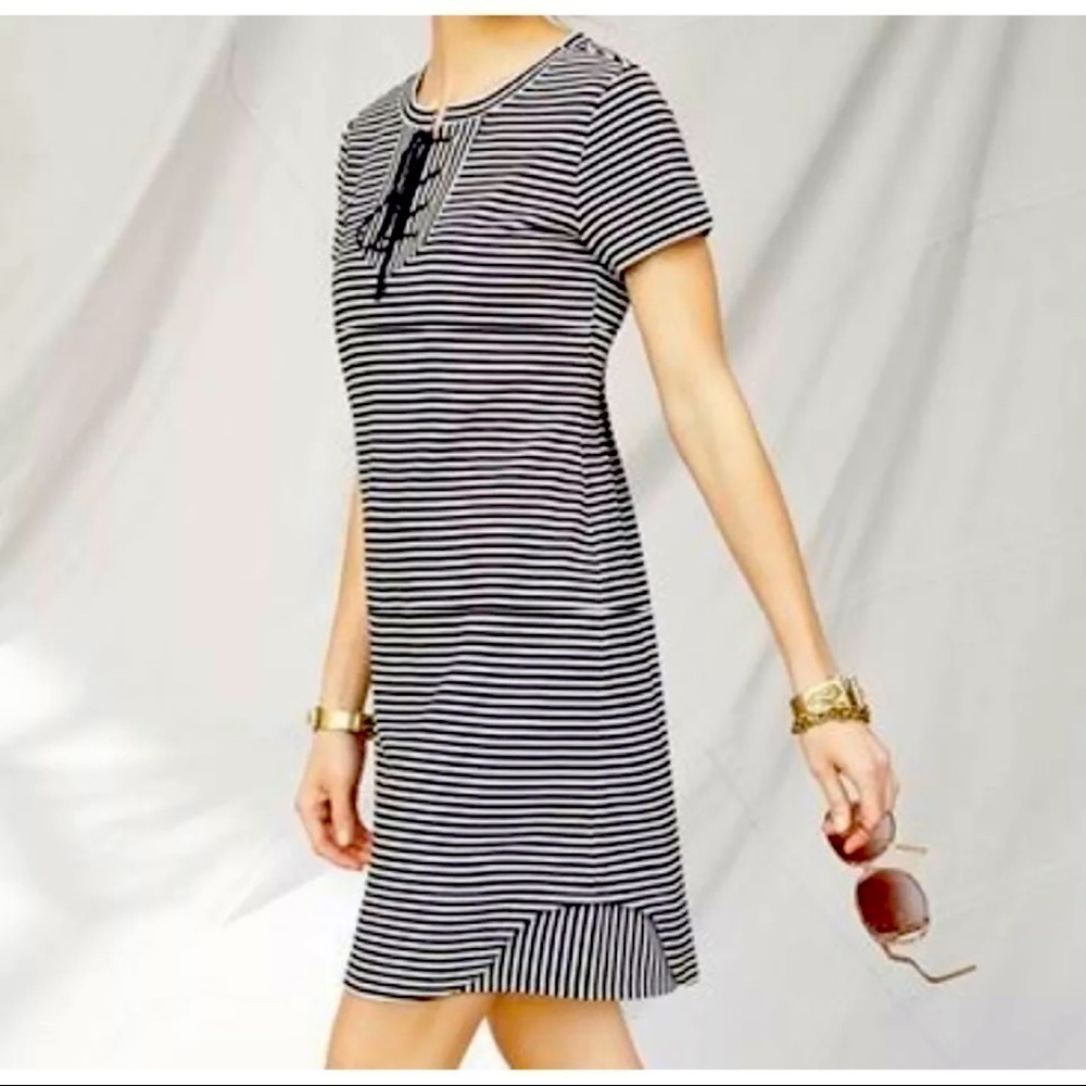 Cabi Sz M Navy Blue White Striped Lace Up Nautical Shift Dress Summer Beach - Picture 3 of 9